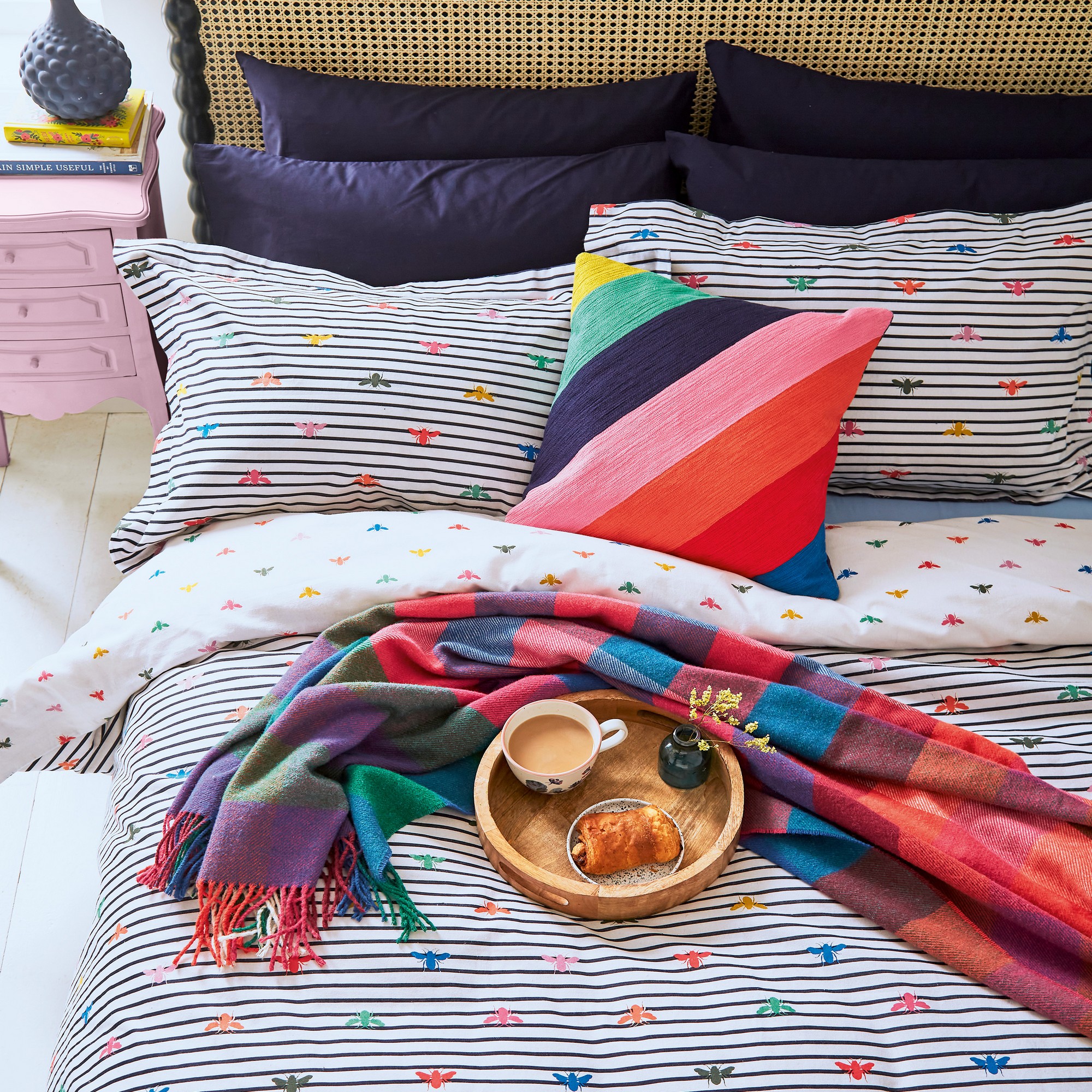 Rainbow Bee Striped Cotton Cushion by Joules in Multi buy online from the rug seller uk